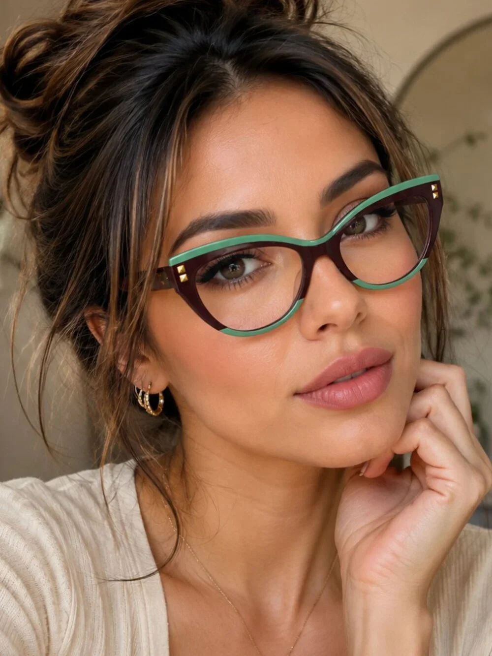 Brown & Green Cat Eye Glasses with Gold Stud Accents +1.5
